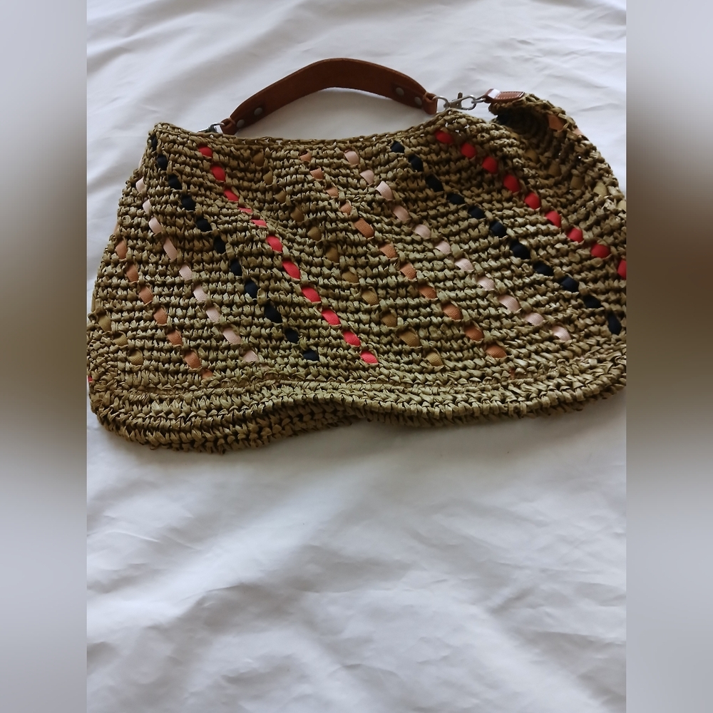 J Crew Multicolor Woven Ribbon And Straw Bag With Leather Strap.